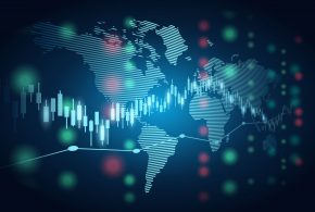 Abstract financial chart with candle stick graph and world map in stock market on blue colour background